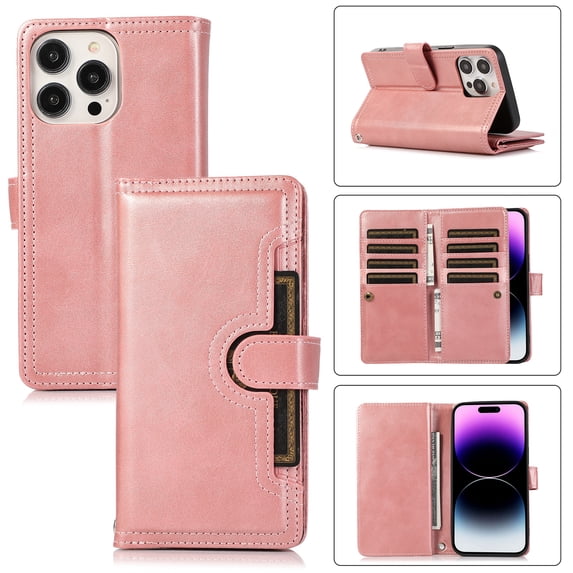 for iPhone 15 Pro Max Phone Case,for iPhone 15 Pro Max Wallet Case RFID Blocking 8 Card Slots Holder & 1 Cash Pocket & 1 Outer Pouch,Wrist Strap,Shockproof Leather Magnetic Flip Stand Cover,Rosegold