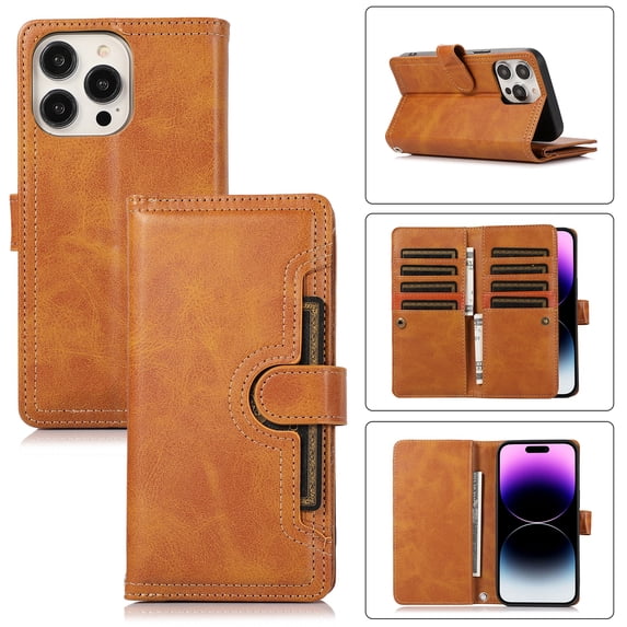 for iPhone 15 Pro Max Phone Case,for iPhone 15 Pro Max Wallet Case RFID Blocking 8 Card Slots Holder & 1 Cash Pocket & 1 Outer Pouch,Wrist Strap,Shockproof Leather Magnetic Flip Stand Cover,Orange