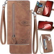 for iPhone 15 Pro Max Phone Wallet Case Zipper Storage Pocket, Floral Matte Leather Folio Flip Cover Kickstand, Multi Card Holder Cash Slot Photo Frame, Leaf Magnetic Buckle, Wrist Lanyard