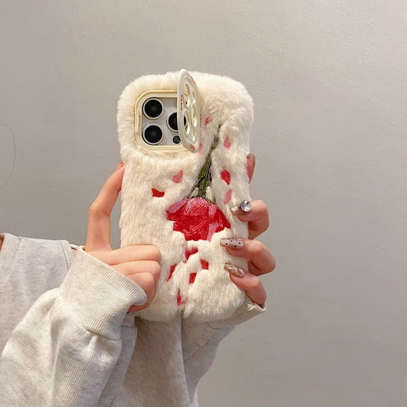 for iPhone 15 Pro Max Rose Flower Pattern Fluffy Case with Camera Cover Kickstand, Cute Plush Furry Fuzzy Soft Warm Protective Case Cover for Girls Women Kids for iPhone 15 Pro Max, White