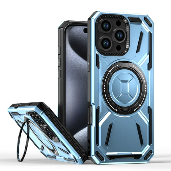 for iPhone 15 Pro Max Rugged Case with Rotate Ring Stand, [Built-in Kickstand] [Military-Grade Drop Protection] Heavy Duty Rugged Phone Cover Support Wireless Charging for iPhone 15 Pro Max, Blue