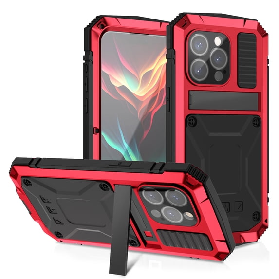 iPhone 15 Pro Max Rugged Full-Body Case, Metal Bumper Built-in Screen Protector&Kickstand,Dustproof and Drop-Proof,Full Body Protection Heavy Duty Rugged Military Cover For iPhone 15 Pro Max, Red