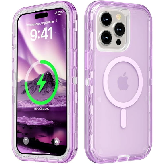For iPhone 15 Pro Max Transparent Phone Case Compatible with MagSafe, Triple Layer Magnetic Charging Case, Heavy Duty Shockproof and Drop-Proof Phone Case, Crystal Purple