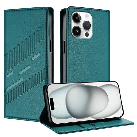 for iPhone 15 Pro Max Wallet Case with 2 Card Slots & Cash Pocket, Premium PU Leather Classic Kickstand Full Body Protective Ultra Slim Shockproof Folio Flip Case for Women and Men, Darkgreen