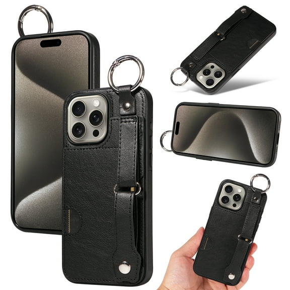 for iPhone 15 Pro Max Wallet Case with Card Holder, Hand Wrist Strap Loop Holder Kickstand, Finger Grip Ring Buckle PU Leather Double Buttons Shockproof Cover for iPhone 15 Pro Max, Black