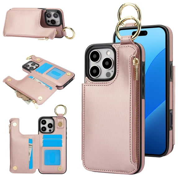 for iPhone 15 Pro Max Wallet Case with Card Holders for Women Girls, Zipper Protective PU Leather Case with Finger Ring RFID Protective Kickstand for iPhone 15 Pro Max, Rosegold