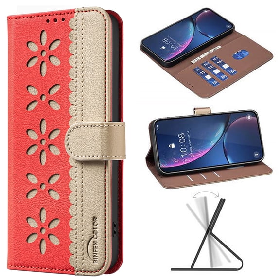 For iPhone 15 Pro Max Wallet Case,Card Slots [RFID Blocking] Splice Premium PU Leather ID Credit Holder Folio Flip Kickstand Magnetic Clasp Flower Patterned Shockproof Phone Cover,Red