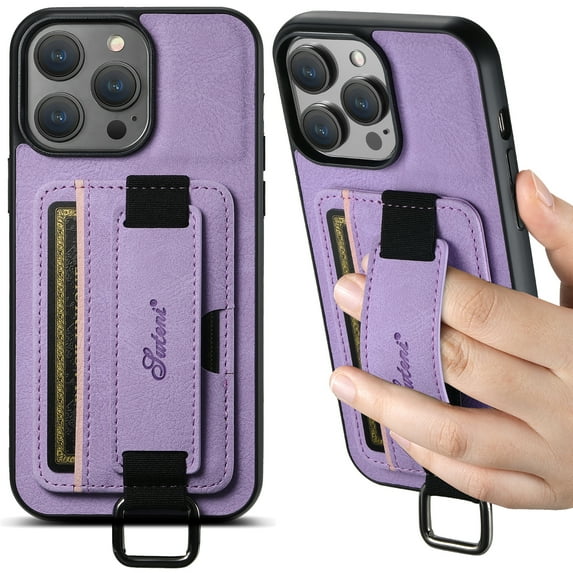 for iPhone 15 Pro Max Wallet Case, Classic Finger Ring with Card Holder Lychee Texture PU Leather Back Cover with Wristband Kickstand Shockproof Drop Protective for iPhone 15 Pro Max, Purple