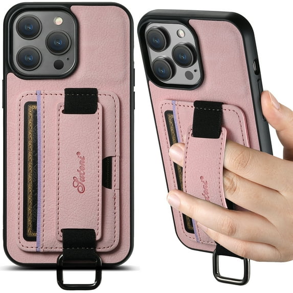 for iPhone 15 Pro Max Wallet Case, Classic Finger Ring with Card Holder Lychee Texture PU Leather Back Cover with Wristband Kickstand Shockproof Drop Protective for iPhone 15 Pro Max, Pink