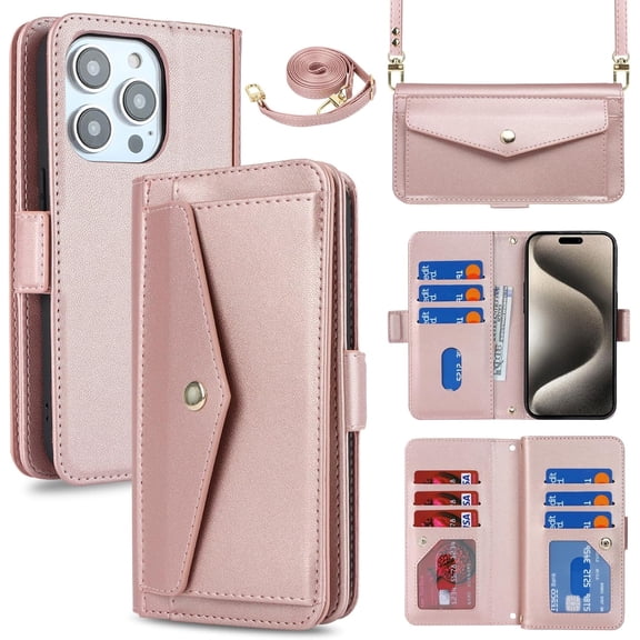 for iPhone 15 Pro Max Wallet Case with Crossbody Lanyard Strap,iPhone 15 Pro Max Flip PU Leather Phone Case Purse Cover for Women Men with 9 Card Holder Slots,Cash Coin Pocket 6.7",Rose Gold
