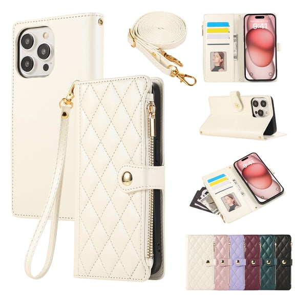 iPhone 15 Pro Max Wallet Case, with Crossbody Shoulder Strap Hand Wrist Cards Holder Zipper Pocket RFID Blocking Shockproof Flip Cover Stand Snap Closure Phone Case for Apple iPhone 15 Pro Max, Beige