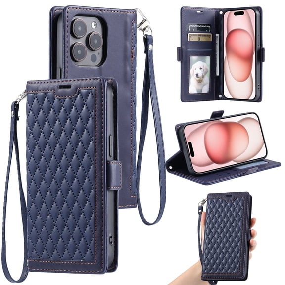 For iPhone 15 Pro Max Wallet Case,Crossbody Strap Diamond Patterned PU Leather Flip Cover with RFID Blcoking Card Slots Cash Pocket Wrist Strap Kickstand Phone Case for Women Girls,Blue