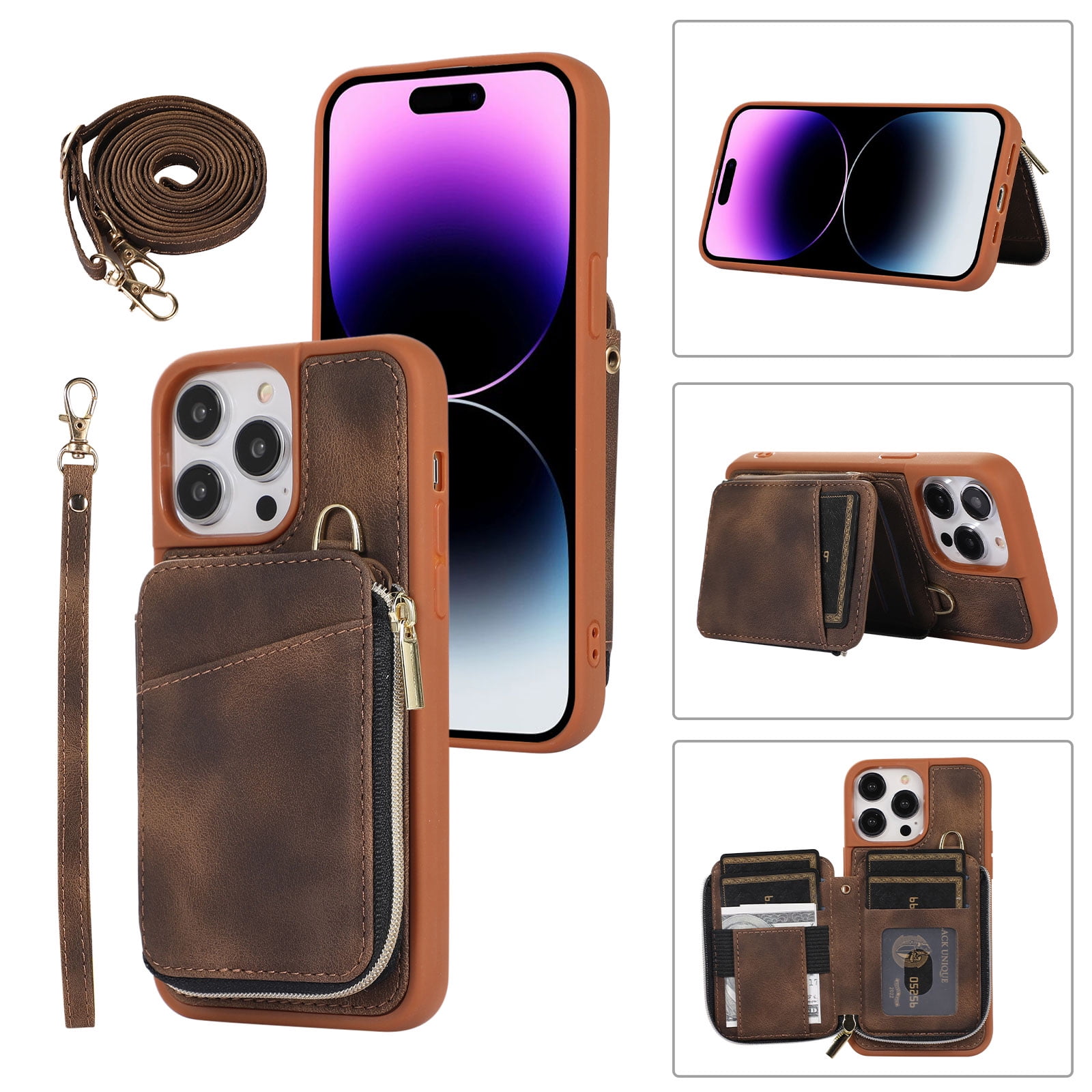 CaseMe iPhone 15 Pro Max Magnetic Detachable Leather Zipper Wallet Case  with Wrist Strap Black