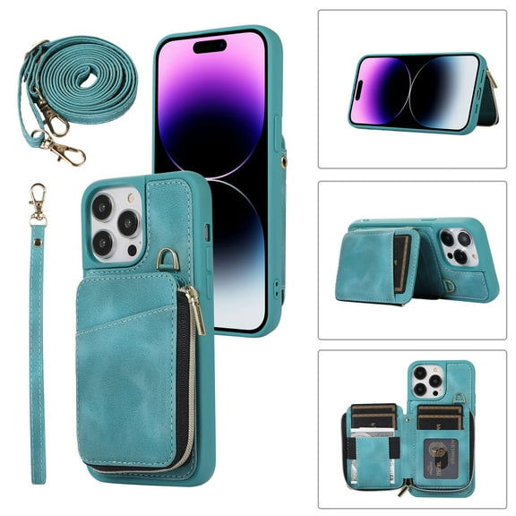 for iPhone 15 Pro Max Wallet Case Crossbody Strap, Zipper Phone Case with Card Holder Wrist Strap Purse Cover with Kickstand Compatible with iPhone 15 Pro Max (6.7 inch, 2023) - Green