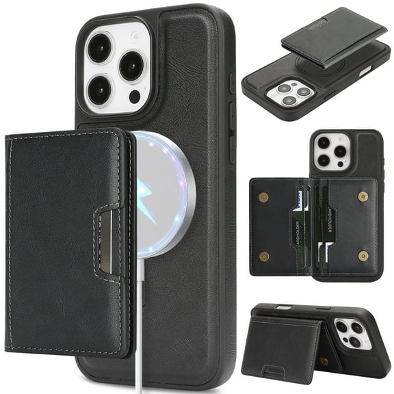 for iPhone 15 Pro Max Wallet Case with Detachable Magnetic Credit Card Slots, Luxury Premium PU Leather Slim Fit Kickstand Drop Protective Anti-Scratch Skin Friendly Back Case, Black