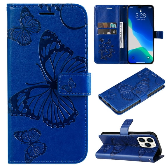 for iPhone 15 Pro Max Wallet Case, Kickstand Case with Credit Card Holder, Embossed Butterfly Pattern with Strap Premium PU Leather Magnetic Closure Shockproof Protective Flip Cover, Blue
