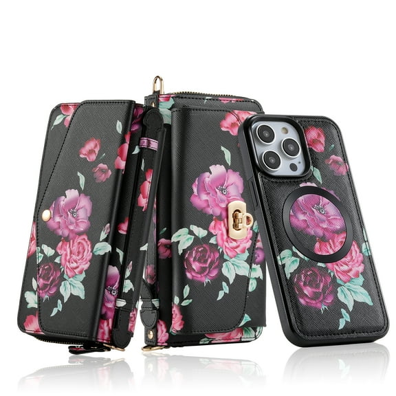 for iPhone 15 Pro Max Wallet Case - Magnetic Detachable Back Case with RFID Blocking Card Holder, Hand Strap & Crossbody Strap, Floral Flower PU Leather Flip Cover Case for Women Girls, Black