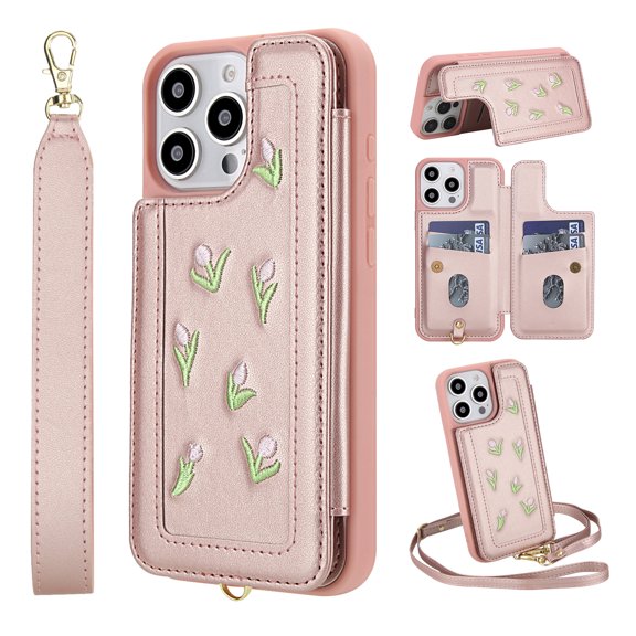 for iPhone 15 Pro Max Wallet Case, Magnetic Snap Flip PU Leather TPU Cover with Flower Design Credit Card Holder Stand Wristband Shoulder Strap Protective Phone Case for Women Girls, Rosegold