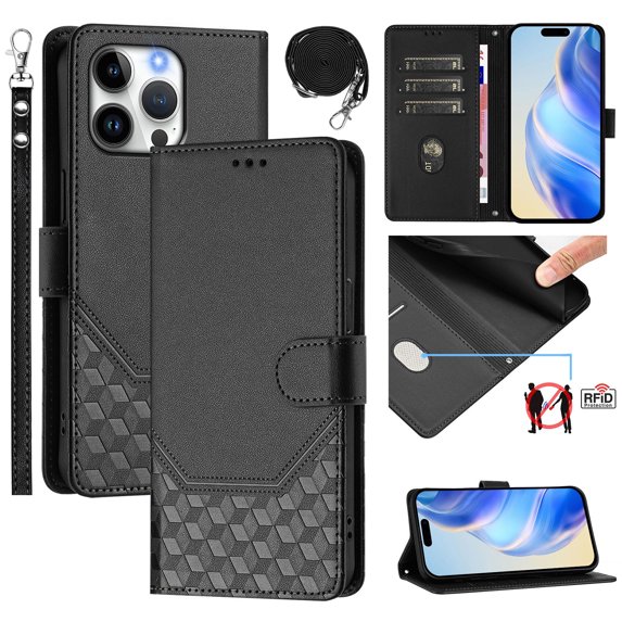 for iPhone 15 Pro Max Wallet Case for Men Women, RFID Blocking Card Holder Slots, Wrist Strap & Shoulder Strap Shockproof TPU Inner, Kickstand PU Leather Protective Phone Cover, Black