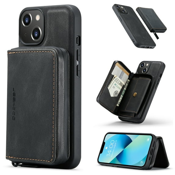 for iPhone 15 Pro Max Wallet Case, Minimalist Luxury PU Leather Magnetic Detachable Credit Card Holder, 2 in 1 Zipper ID Cash Slot, Magnetic Closure Kickstand Folio Flip Slim Cover,Black