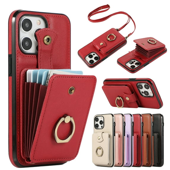 For iPhone 15 Pro Max Wallet Case, Multiple Cards Holder Crossbody Shoulder Strap Ring Holder Kickstand Premium PU Leather Shockproof Lightweight Phone Case for Apple iPhone 15 Pro Max, Red