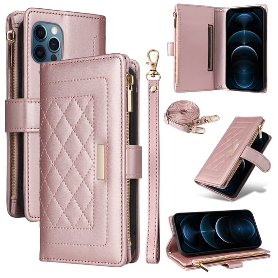 for iPhone 15 Pro Max Wallet Case with RFID Blocking Card Holder, Kickstand Feature PU Leather Case with Adjustable Crossbody & Short Lanyard Magnetic Clasp Zipper Pocket Flip Cover,Rosegold