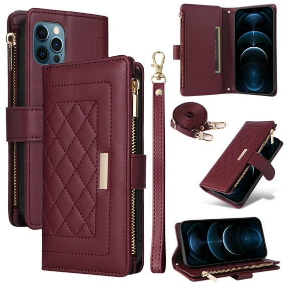 for iPhone 15 Pro Max Wallet Case with RFID Blocking Card Holder, Kickstand Feature PU Leather Case with Adjustable Crossbody & Short Lanyard Magnetic Clasp Zipper Pocket Flip Cover,Winered