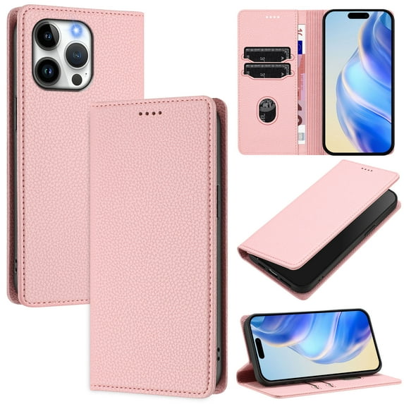 for iPhone 15 Pro Max Wallet Case with RFID Blocking Card Slots, Fashion PU Leather Flip Kickstand Magnetic Phone Cover Women Men, Support Wireless Charging, Full Body Protection - Pink