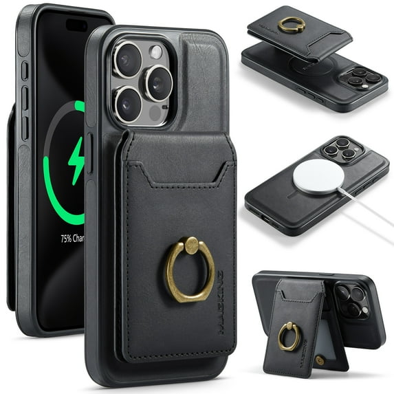 for iPhone 15 Pro Max Wallet Case with Removable Card Holder, 360° Rotation Ring Kickstand RFID Blocking PU Leather Magnetic Clasp Shockproof Rugged Phone Case Cover for Women Men,Black
