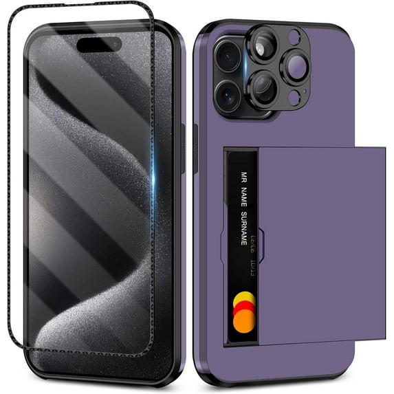 for iPhone 15 Pro Max Wallet Case with Screen Protector & Camera Cover 4-in-1 Full Body Hybrid iPhone 15 Pro Max Case with Card Holder Shockproof Protective Phone Case for iPhone 15 Pro Max
