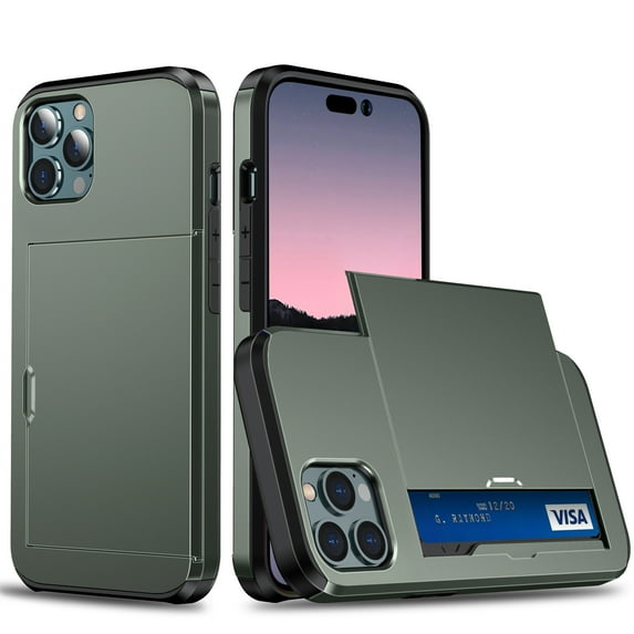for iPhone 15 Pro Max Wallet Case with Sliding Door Hidden Pocket Credit Card Holder Dual Layer Heavy Duty Shockproof Hard PC Hybrid TPU Phone Flip Protective Cover for iPhone 15 Pro Max, Army Green