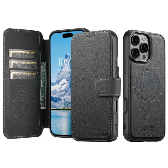 For iPhone 15 Pro Max Wallet Phone Case,Magnetic Detachable PU Leather Flip Design,Compatible with Mag-Safe,With Card Slots,Kickstand,Magnetic Closure Shockproof Anti-Fall Rugged Phone Case,Black