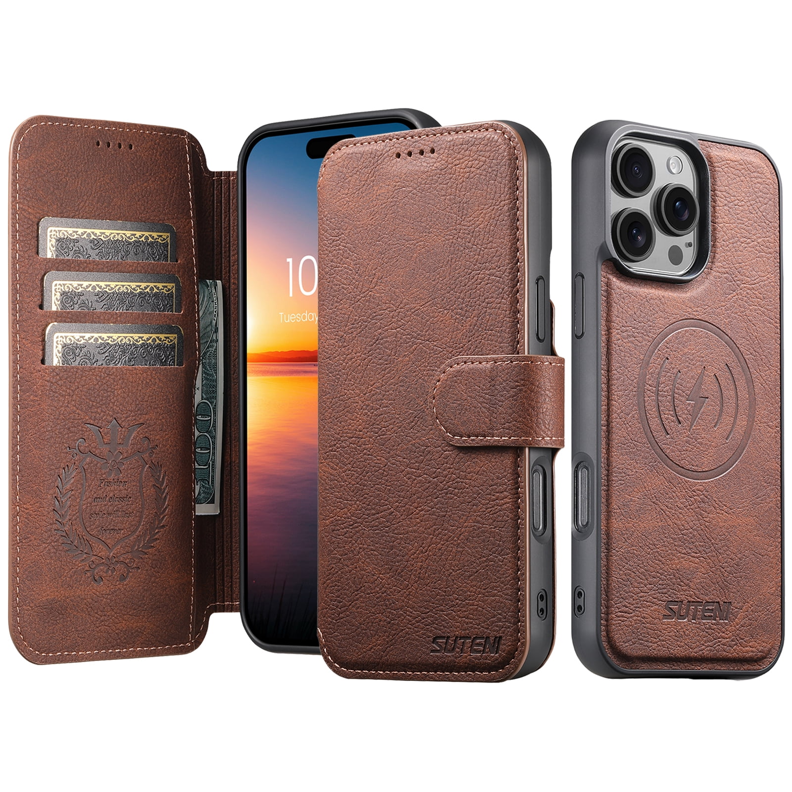 For iPhone 15 Pro Max Wallet Phone Case,Magnetic Detachable PU Leather Flip Design,Compatible with Mag-Safe,With Card Slots,Kickstand,Magnetic Closure Shockproof Anti-Fall Rugged Phone Case,Brown