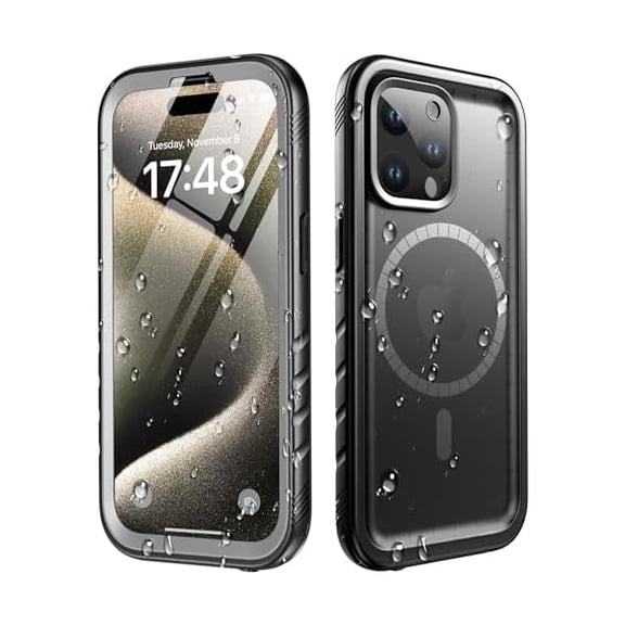 LinQingQ Military IP68 Waterproof Case for iPhone 15 Pro Max 6.7 Inch Shockproof Dustproof Full Body Rugged Built-in Screen Camera Protector Magnetic Charging Lanyard Black