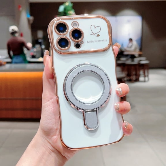 for iPhone 15 Pro Max Wave Design Magnetic Case, Compatible with MagSafe, Heart Pattern Metal Kickstand Plating TPU Shockproof Protective Ultra Slim Phone Case for iPhone 15 Pro Max, White