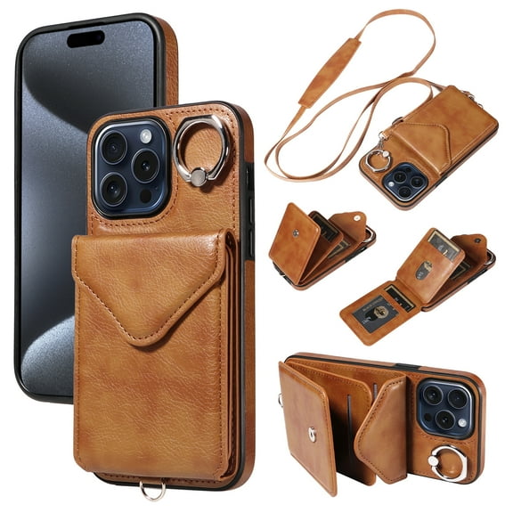 for iPhone 15 Pro PU Leather Back + TPU Frame Rugged Case, Classic 360 Rotating Ring Kickstand Card Slots Shoulder Strap Drop Protective Slim Fit Shockproof Phone Case Cover, Brown