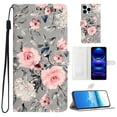 thumbnail image 1 of for iPhone 15 Pro PU Leather Flip Case, Stylish Wrist Strap Kickstand Magnetic Card Slots Pattern Shockproof Protective Durable Portable Ultra Slim Phone Case for Men Women - Gray Bottom Flower, 1 of 9