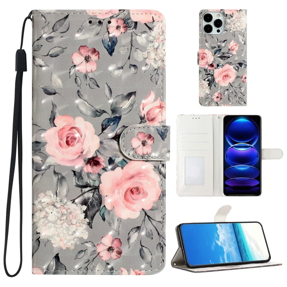 for iPhone 15 Pro PU Leather Flip Case, Stylish Wrist Strap Kickstand Magnetic Card Slots Pattern Shockproof Protective Durable Portable Ultra Slim Phone Case for Men Women - Gray Bottom Flower