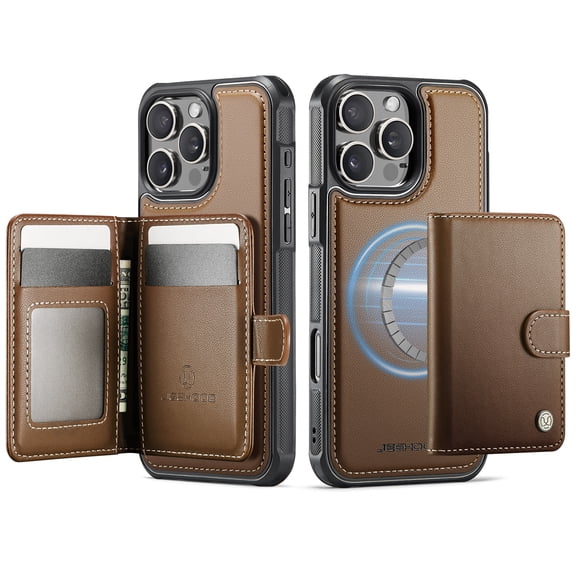 For iPhone 15 Pro Phone Case,2-in-1 Magnetic Removable Card Holder,Compatible With Mag-Safe,PU Leather + TPU + PC Hybrid Shockproof Anti-fall Protection,Durable Phone Case,Brown