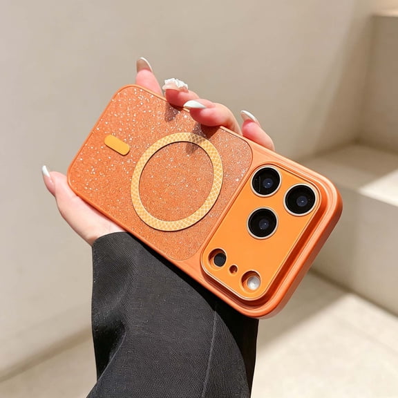 For iPhone 15 Pro Phone Case,Built-in Lens Camera Protector,Compatible with Mag-Safe,Sparkle Bling Shiny Sparkly Cute Girly Glitter Back Design,Shockproof Anti-fall,Phone Case,Orange