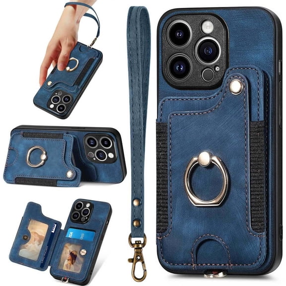 for iPhone 15 Pro Phone Case, Card Holder Wallet,Ring Holder Stand,RFID-Blocking,Camera Protector,Leather  Protective Strap Flip Cover Cases for iPhone 15 Pro 2023 (Blue)