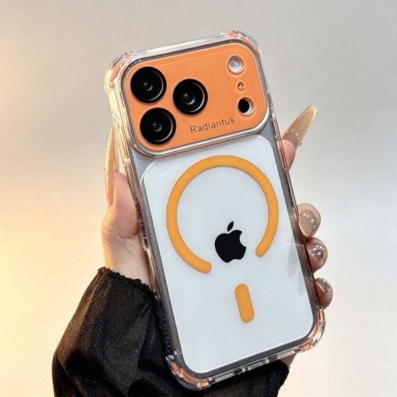 For iPhone 15 Pro Phone Case,Compatible with Mag-Safe,With Camera Lens Film,Transparent Back,Four corners Raised Drop Protection,Anti-Scratch Shockproof Non-Slip Hybrid Phone Case,Orange