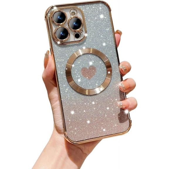 for iPhone 15 Pro Phone Case,Compatible with Magsafe,Magnetic Luxury Plating Glitter Gradient Bling Cute Heart Clear Case,Camera Protection Shockproof Case for iPhone 15 Pro 6.1 Inch -Golden
