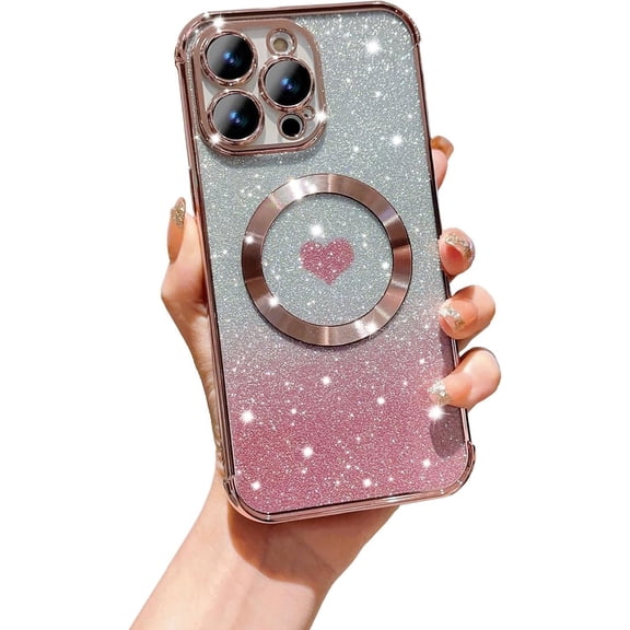 for iPhone 15 Pro Phone Case,Compatible with Magsafe,Magnetic Luxury Plating Glitter Gradient Bling Cute Heart Clear Case,Camera Protection Shockproof Case for iPhone 15 Pro 6.1 Inch -Golden