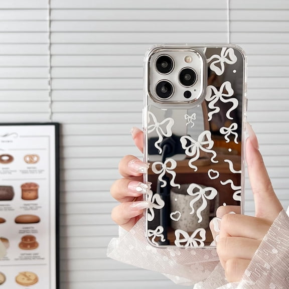for iPhone 15 Pro Phone Case, Plating Mirror & Aesthetic Ribbon Bow Pattern, Cute for Girl Women Makeup, Slim Soft TPU Bumper Shockproof Protective Phone Cover for iPhone 15 Pro-White Bow Knot