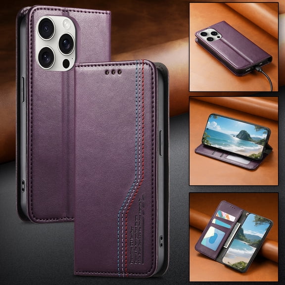 For iPhone 15 Pro Phone Case,Three-color Thread Design,Anti-Scratch PU Leather Flip Folding Kickstand,With Card Slots,Folio Magnetic Closure,Shockproof Drop protection Phone Case,Purple