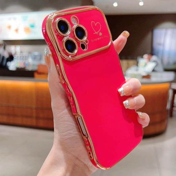 For iPhone 15 Pro Phone Case,Wavy Frame Designing,Love Heart Pattern,Luxury Plating Shockproof Anti-fall Soft TPU Ultra Slim Thin Fit Cute Electroplated Phone Case Cover,Rose