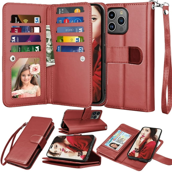 iPhone 15 / iPhone 15 Pro / iPhone 15 Plus / iPhone 15 Pro Max Wallet Case Cover, Pu Leather ID Cash Credit Card Slots Holder Carrying Folio Flip Cover [Detachable Magnetic Hard Case] Kickstand
