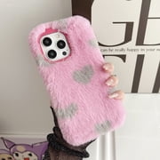 for iPhone 15 Pro Plush Furry Heart Print Case, Luxury Fluffy Furry Plush Soft Flexible Silicone TPU Anti-Drop Shockproof Protective Phone Case for Girls Women Winter Warm, Purple