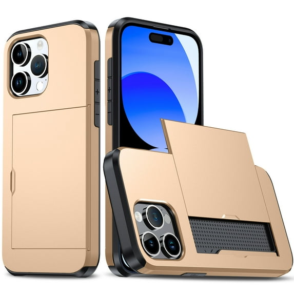 for iPhone 15 Pro Slide Flip Case with Card Holder, Dual Layer Heavy Duty Protective Case Hidden Card Slot Slim Shockproof Wallet Case Compatible with iPhone 15 Pro, Gold